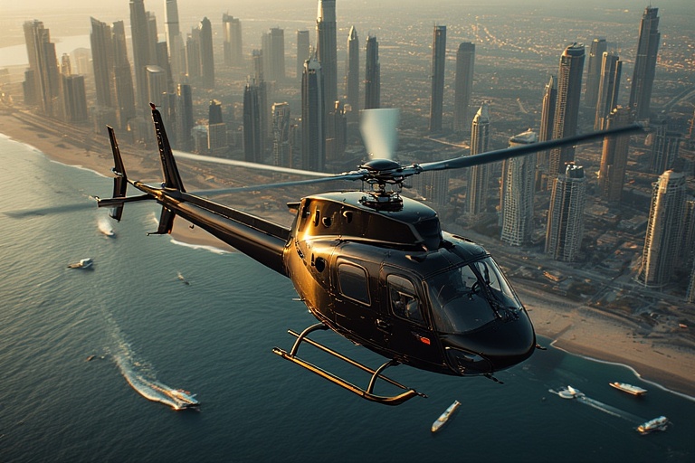 Helicopter flying over Dubai skyline